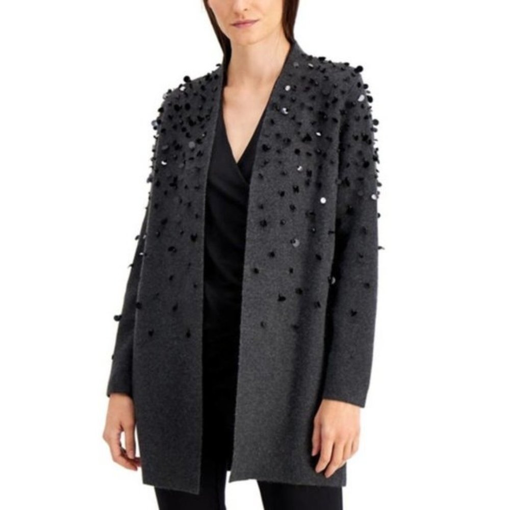 Alfani Women's Gray Sequin Beaded Open Front Sweater Cardigan Duster PM NWT